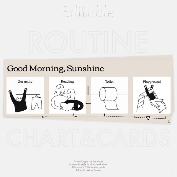 Modèle de tableau de routine Canva | 240 cartes de routine en noir et blanc 20 cartes de routine | Tableaux de routine visuelle Montessori personnalisés