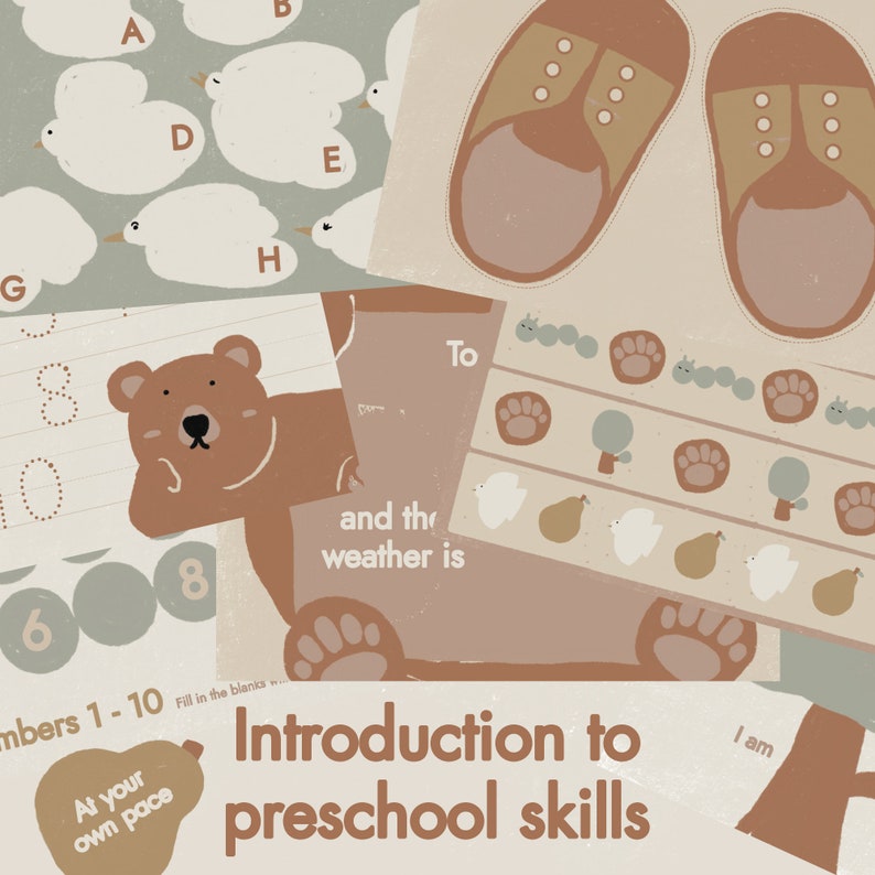 May include: A set of printable worksheets for preschoolers featuring a brown bear, numbers, letters, and a variety of other images. The worksheets are designed to help children learn basic skills such as counting, letter recognition, and following directions. The text on the page reads "Introduction to preschool skills".