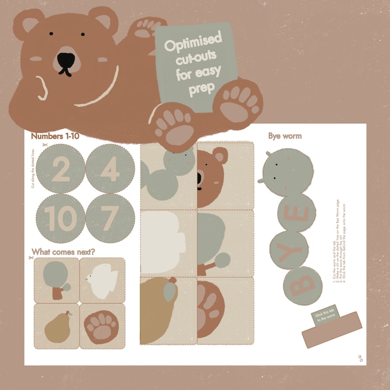 May include: A printable educational activity for kids featuring a brown bear holding a sign that says "Optimised cut-outs for easy prep". The activity includes a number matching game, a what comes next sequence, and a cut-out worm with the word "Bye" on it.