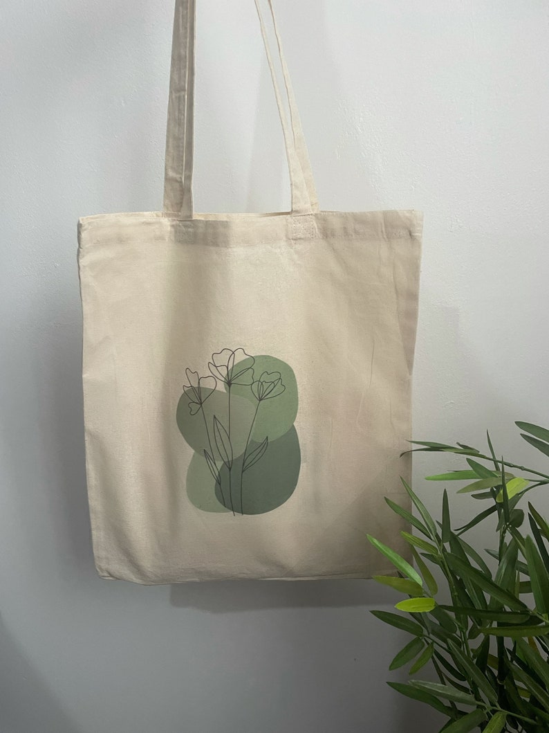 Sage green boho flower print tote bag 