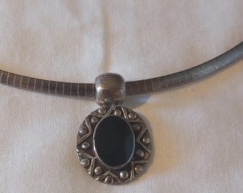 Black Onyx Silver Pendant Necklace, Made in Mexico (20 inch Chain)