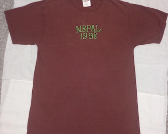 Embroidered Nepal 1998 T-Shirt: Burgundy, Short Sleeve, Collectible Souvenir