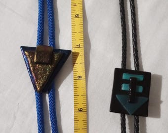 Bolo Ties two made of fused glass Unique with brass ends Original Owner 1980's Vintage