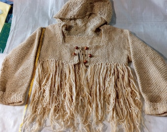 Vintage hand woven jacket with crocheted hood and knotted fringe women's size S beige colored hand dyed wool yarn 1975