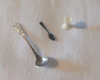 Miniature Etched Silver Ladle and Spoon, Dollhouse Kitchen Display