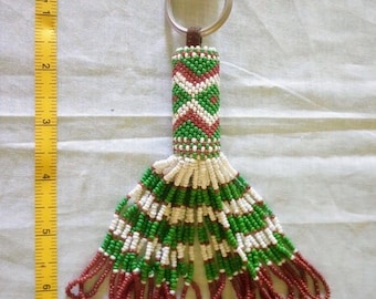Vintage beaded key chain green red white seed beads 1970's original owner