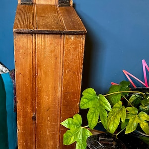 Könnte beinhalten: Ein hoher Holzschrank mit spitzem Dach und Klappdeckel. Der Schrank besteht aus vertikalen Holzbrettern, die in einem warmen Braunton gebeizt sind. Der Hintergrund ist eine tiefblaue Wand, mit etwas Grün und einem schwarzen Behälter.