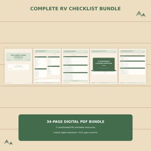 May include: A 34-page digital PDF bundle titled Complete RV Checklist Bundle, featuring five coordinated printable resources including a New Camper Owner Starter Kit, packing checklist, departure checklist, maintenance planner, and winterization checklist.