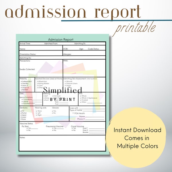 Nursing Patient Admission Information Report Sheet