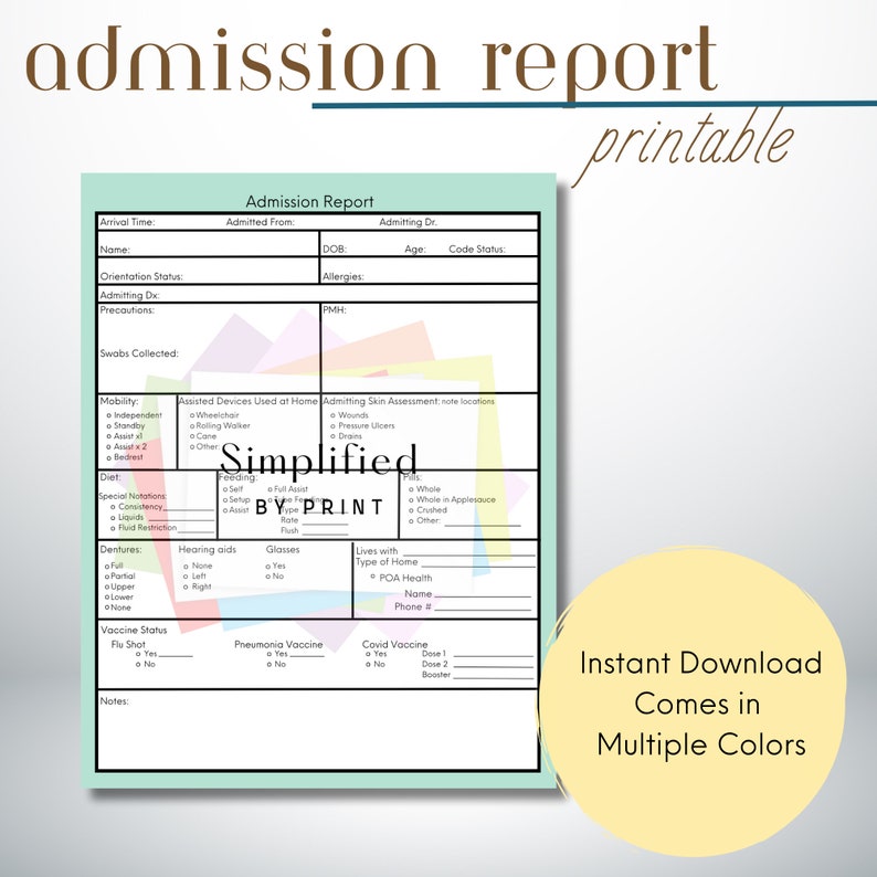 Nursing Patient Admission Information Report Sheet image 1