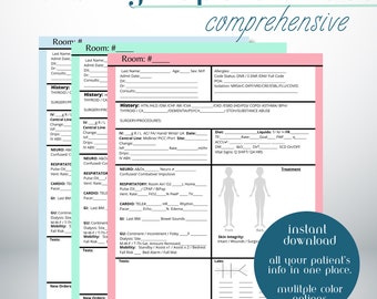 May include: A stack of three nursing report sheets in teal, light blue, and pink. Each sheet has a header and sections for patient information, medical history, and vital signs. The image includes the text "instant download" and "multiple color options."