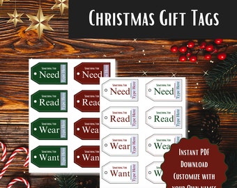 Christmas Customizable Gift Tags. Something You Want Something you Wear Something You Need Something You Read.