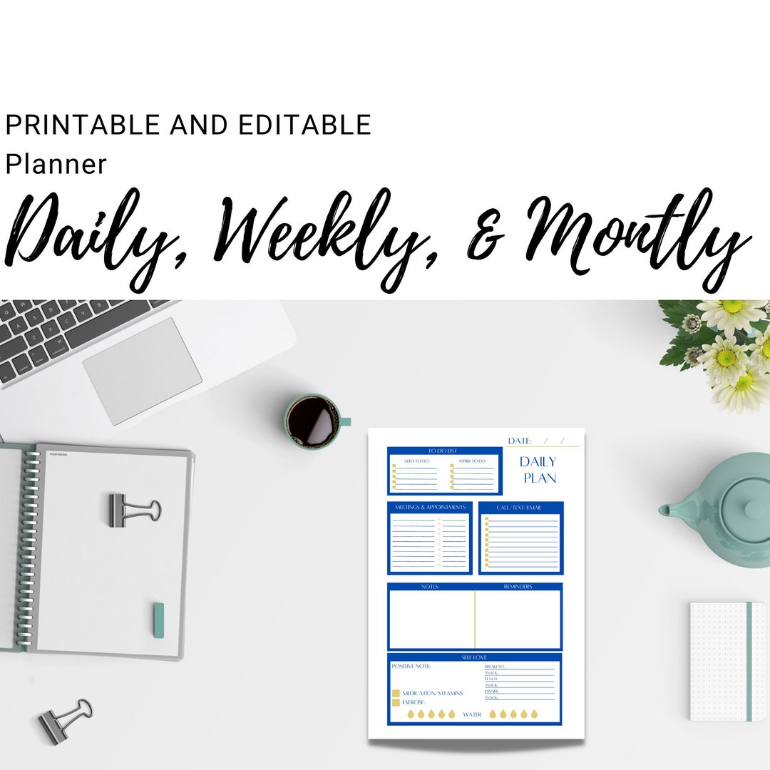 Daily, Weekly, and Monthly Print or Fillable Editable Planner - Etsy