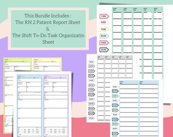 Può includere: Un pacchetto di fogli organizzativi per infermieri. Il pacchetto include il foglio di referto del paziente RN 2 e il foglio di organizzazione delle attività di turno. Il testo "ROCK YOUR SHIFT NURSING BUNDLE" è in alto. I fogli sono in vari colori.