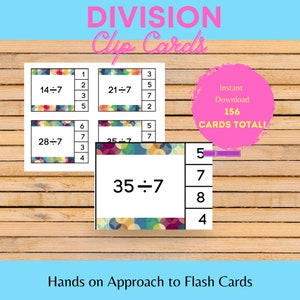 Puede incluir: Tarjetas didácticas para problemas de división. Las tarjetas presentan ecuaciones de división como 14 ÷ 7 y 21 ÷ 7, con opciones de respuesta. El diseño incluye patrones geométricos coloridos y el texto "DIVISION Clip Cards". La imagen también dice "Instant Download 156 CARDS TOTAL!"