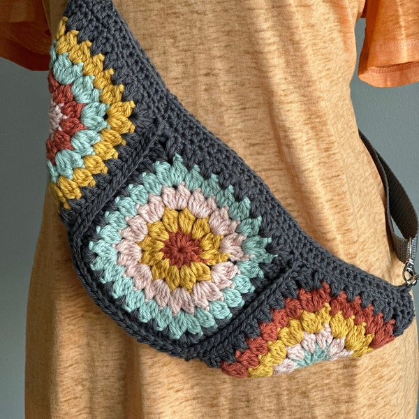 Crochet Grandma Square/Fanny Pack/Sling Bag Hecho a mano Boho Hippie Diseño