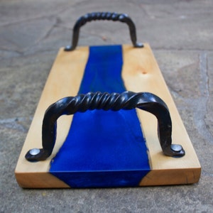 Epoxy River Serving Tray - Huon Pine - Hand Forged Handles - Serving Board