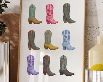 Colorful Cowgirl Boots Print, Cowboy Boots Poster, Western Home Decor, Preppy College Dorm, Coquette Girl Gift, Retro Ranch, Watercolor Art