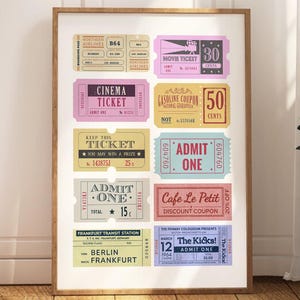 Retro Ticket Collage Art Printable, Trendy Aesthetic Poster, Vintage Movie Ticket Print, Preppy Apartment, Ticket Stub Wall Art, Home Decor