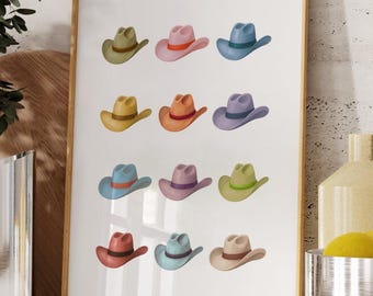 Colorful Cowgirl Hats Print, Cowboy Hat Poster, Western Home Decor, Preppy Dorm Sign, Coquette Girl Apartment, Watercolor Ranch Wall Art