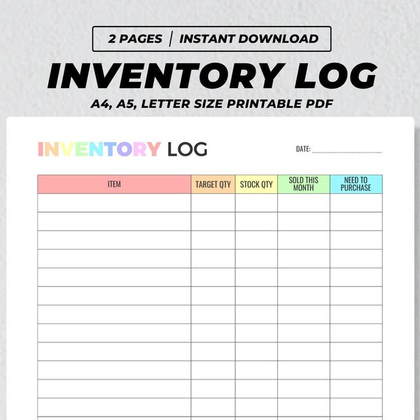 Inventory Log Printable, Small Business Stock Organizer, Inventory Management Form, Product Inventory Tracker List, Storage Items Sheet PDF