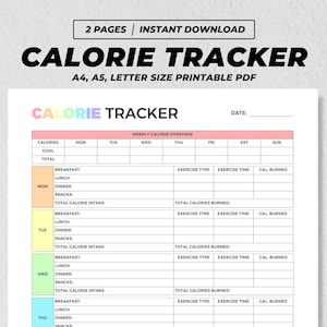 Calorie Tracker afdrukbaar, Gezondheids- en fitnessplanner, Dieetplanorganisator, Calorie-innameteller, Macrotelgrafiek, Zelfzorgdagboek PDF