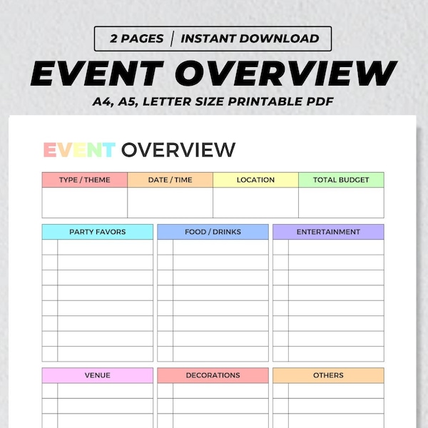 Event Overview Printable, Party Event Checklist Planner, Event Organizer Template, Birthday Party Supply Arrangement Tracker A4 A5 US PDF