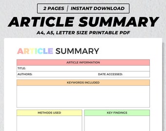 May include: A printable article summary template with sections for title, authors, date accessed, keywords, methods used, key findings, strengths and limitations, and quotes or phrases to use. The template is designed for A4 and A5 paper sizes.