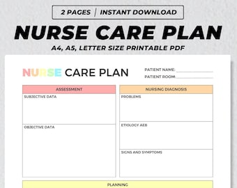 May include: A printable nurse care plan template with sections for assessment, planning, implementation, and evaluation. The template is designed for use by nurses to document patient care.