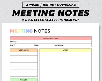 May include: A printable meeting notes template with sections for subject, date, time, attendees, agenda, location, notes, tasks, in-charge, and due date. The template is designed in a colorful pastel color scheme.