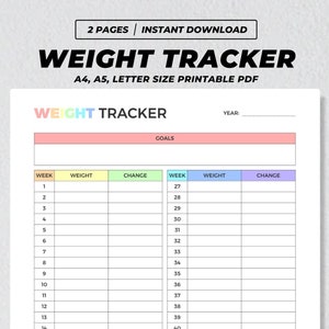 Weight Tracker Printable, Weight Loss Tracker, Weight Loss Planner, Weight Loss Journal, Weekly Weight Goals, Health & Fitness Inserts PDF