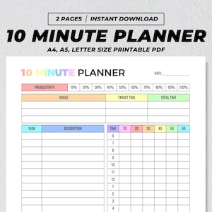 Könnte beinhalten: Ein druckbarer 10-Minuten-Planer mit einem farbenfrohen Design. Der Planer enthält Abschnitte für Produktivitätsziele, Zielzeit, Gesamtzeit, Aufgaben, Beschreibungen und Notizen.