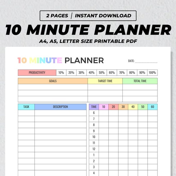 10 Minute Planner Printable, Time Management, Productivity Tracker, Daily Work Goal, Hourly Task Planning, To Do Timeline Schedule A4 A5 PDF