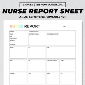 Könnte beinhalten: Ein weißes, druckbares Krankenpflege-Berichtsbogen mit dem Titel "NURSE REPORT SHEET" in fetten schwarzen Buchstaben. Das Blatt enthält Abschnitte für Patienteninformationen, Krankengeschichte und Vitalzeichen. Der Text "2 PAGES | INSTANT DOWNLOAD" steht oben.