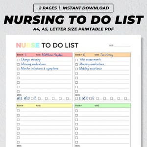 Nursing To Do List Printable, Nurse Checklist, Nursing Shift Planner, Medication Assessment Reminder, Nurse Report, Nursing Student Notes