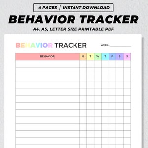 May include: Printable behavior tracker with a pink, yellow, and blue color scheme. The tracker has a section for behavior, notes, and reward. It also includes a weekly calendar with days of the week labeled M, T, W, T, F, S, and S.
