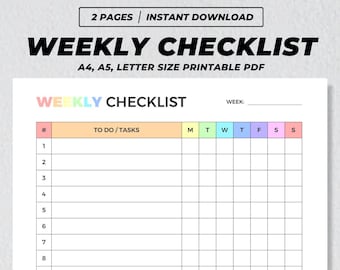 May include: Printable weekly checklist with a colorful design. The checklist has a section for to-do tasks and a grid for each day of the week: Monday, Tuesday, Wednesday, Thursday, Friday, Saturday, and Sunday.