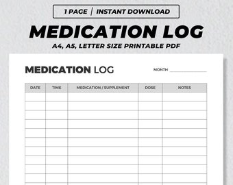 Medication Log Printable, Medicine Dosage Tracker, Medication Report Chart, Daily Supplements Pills Tracking Sheets, Everyday Medication