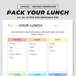 Prepare seu almoço para impressão, lancheira diária para crianças editável, rastreador colorido de nutrição saudável, planejador de refeições escolares, lista de verificação de alimentação PDF