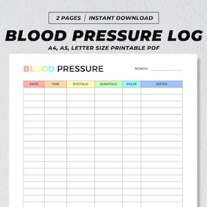 Bloeddruklogboektracker afdrukbaar, logboek voor hoge bloeddrukregistratie, medische grafiek, hartslagmeting, dagelijkse bloeddrukcontrole voor hypertensie