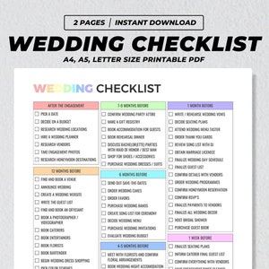 May include: A printable wedding checklist in pink, blue, and green with a checklist of tasks to complete before the wedding. The checklist is divided into sections based on the number of months before the wedding. The checklist includes tasks such as booking a venue, hiring a photographer, and sending out invitations.
