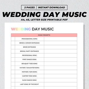 Wedding Day Song List Printable, Wedding Playlist, Ceremony Reception Music List, Wedding Planner, Bride Groom Processional DJ Questionnaire