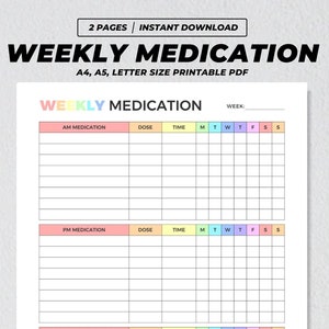 Wekelijks medicatielogboek afdrukbaar, AM PM Medicijndoseringstracker, Medicatierapportgrafiek, Tracking van supplementenpillen, Medicatieschema PDF