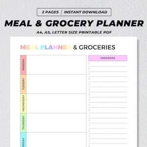 May include: Printable meal planner and grocery list template. The planner has a rainbow color scheme and includes a section for each day of the week. The grocery list section is on the right side of the page.