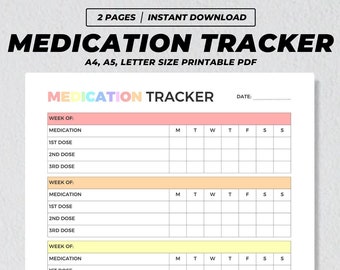 May include: A printable medication tracker with five colourful sections for each week of the month. Each section has space to write the medication name, the first, second, and third doses, and a calendar grid for tracking daily doses. The text "MEDICATION TRACKER" is at the top of the page, and the text "R7designStore" is at the bottom of the page.