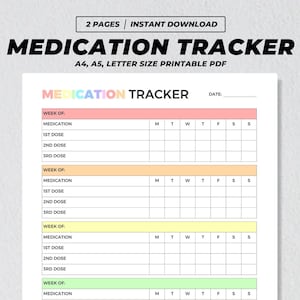 May include: A printable medication tracker with five colorful sections for each week of the month. Each section has space to write the medication name, the first, second, and third doses, and a calendar grid for tracking daily doses. The text "MEDICATION TRACKER" is at the top of the page, and the text "R7designStore" is at the bottom of the page.