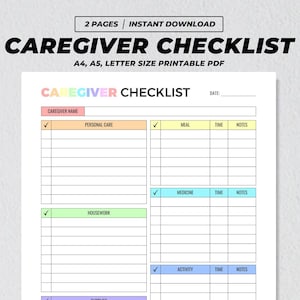 Caregiver Checklist Printable, Elderly Care Planner, Daily Caregiving Routine, Cleaning Tasks Care Log, Senior Health Organizer A4 A5 US PDF