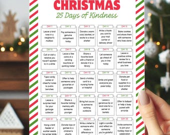 Christmas Kindness Calendar Printable, 25 Days Of Kindness, December Family Activity, Festive Advent Calendar, Kids Holiday Countdown PDF