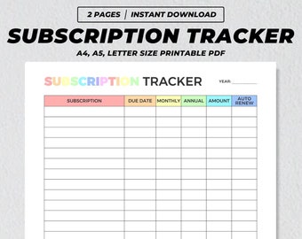 Seguimiento de suscripciones imprimible, lista de verificación de suscripción mensual, seguimiento de membresía, planificador de gastos, registro de seguimiento de cuentas A4 A5 EE. UU. PDF