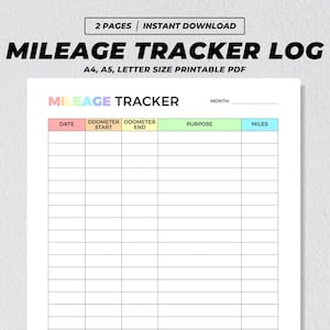 Seguimiento de kilometraje imprimible, informe de millas recorridas por vehículos, registros de conducción de automóviles, plantilla de kilometraje de viaje de negocios mensual, carta A4 A5 PDF